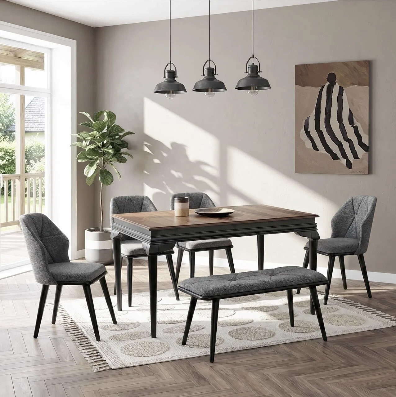 Avangard Schwarz Tisch & Buse Stuhl & Ruya Bank Set HDR1218