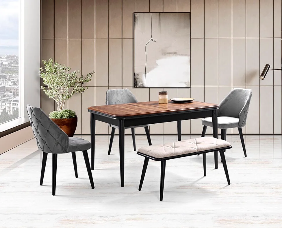 Nil Black Table & Latina Chair & Ruya Bench Set HDR1223