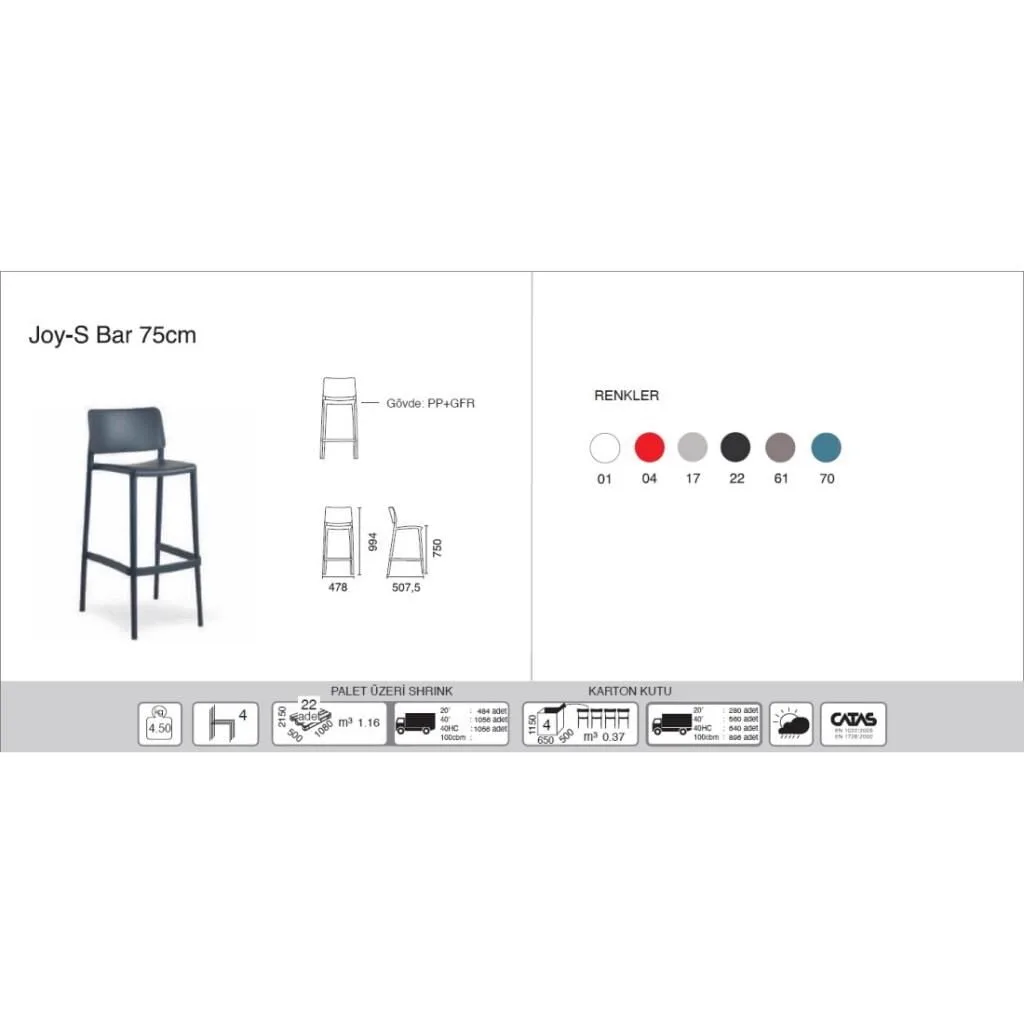 Joy-S Bar 75cm Turquoise Blue Bar Chair PPT1549