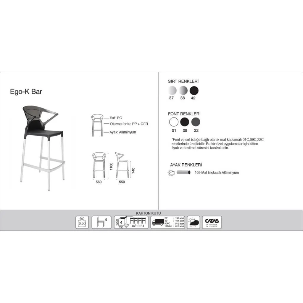 Ego-K Bar Solid Black - Black Aluminium-Leg Bar Chair with Arms PPT1471