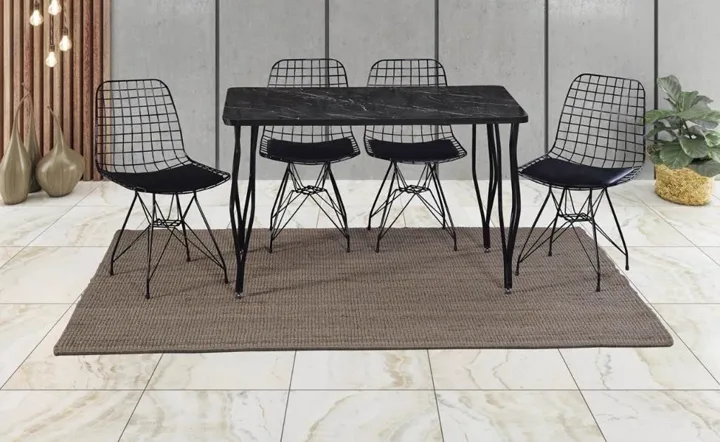 Wire Black Marble Kitchen Table and Chair Set ECN5660