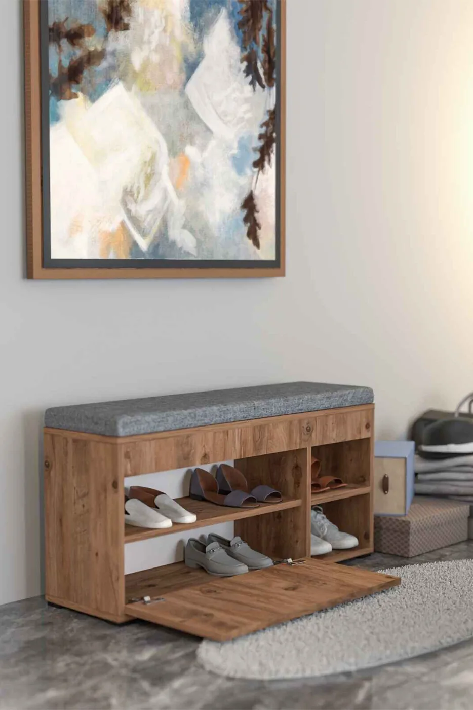 Cushioned Shoe Cabinet Seating Bench Atlantic Pine Colour