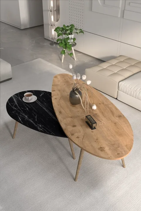 Elips Modern Suntalam Orta Sehpa Seti Ceviz Siyah