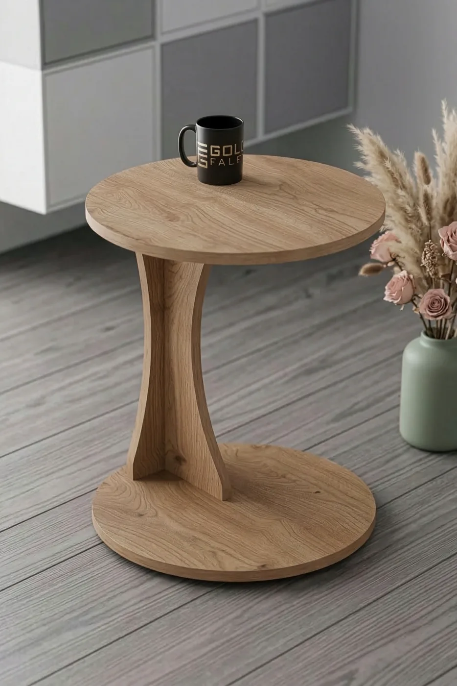 Classic Melamine-faced Chipboard C-Shape Round Side Table, Beige