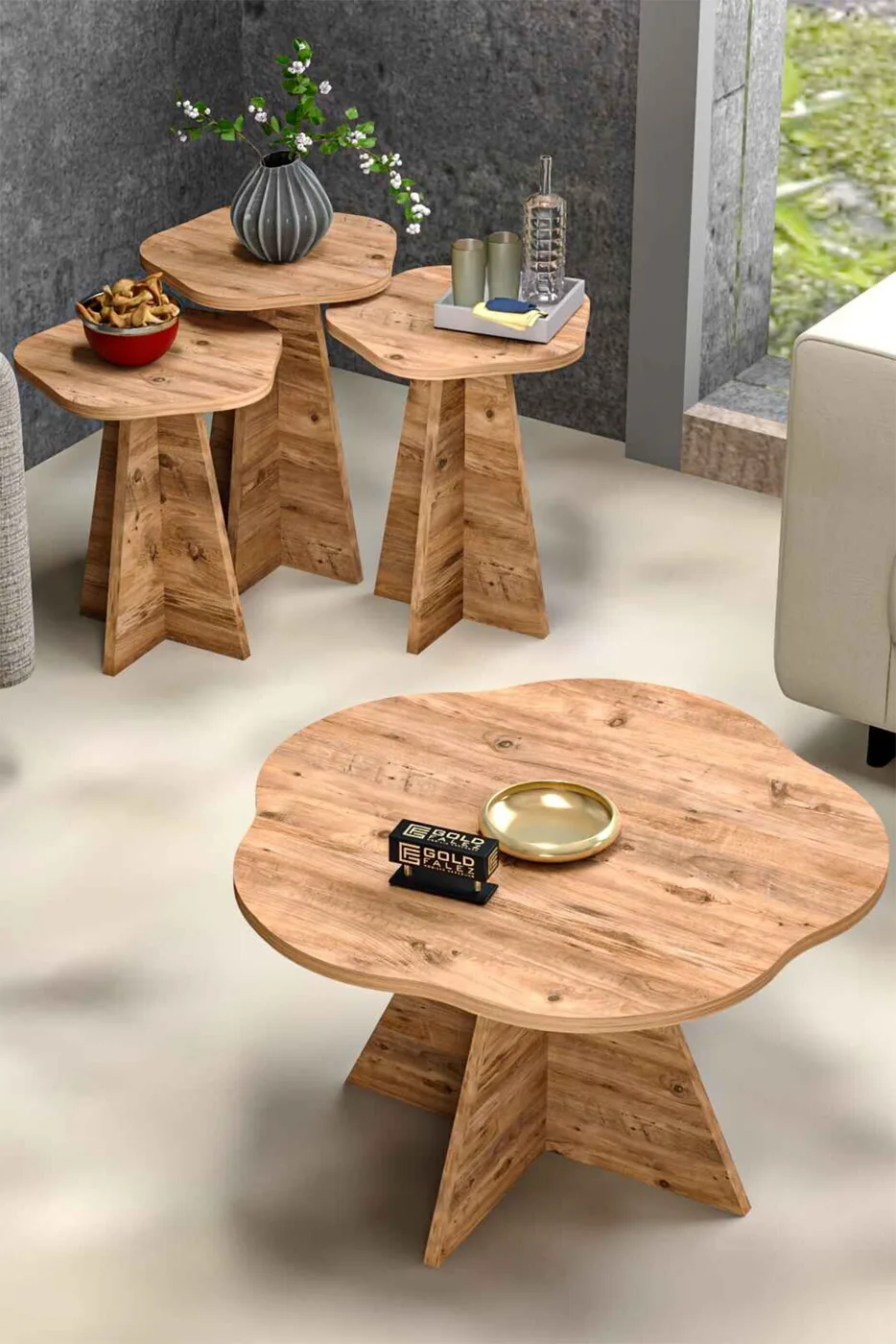 Flower Coffee Table and Nesting Table Set Melamine-faced Chipboard Brown