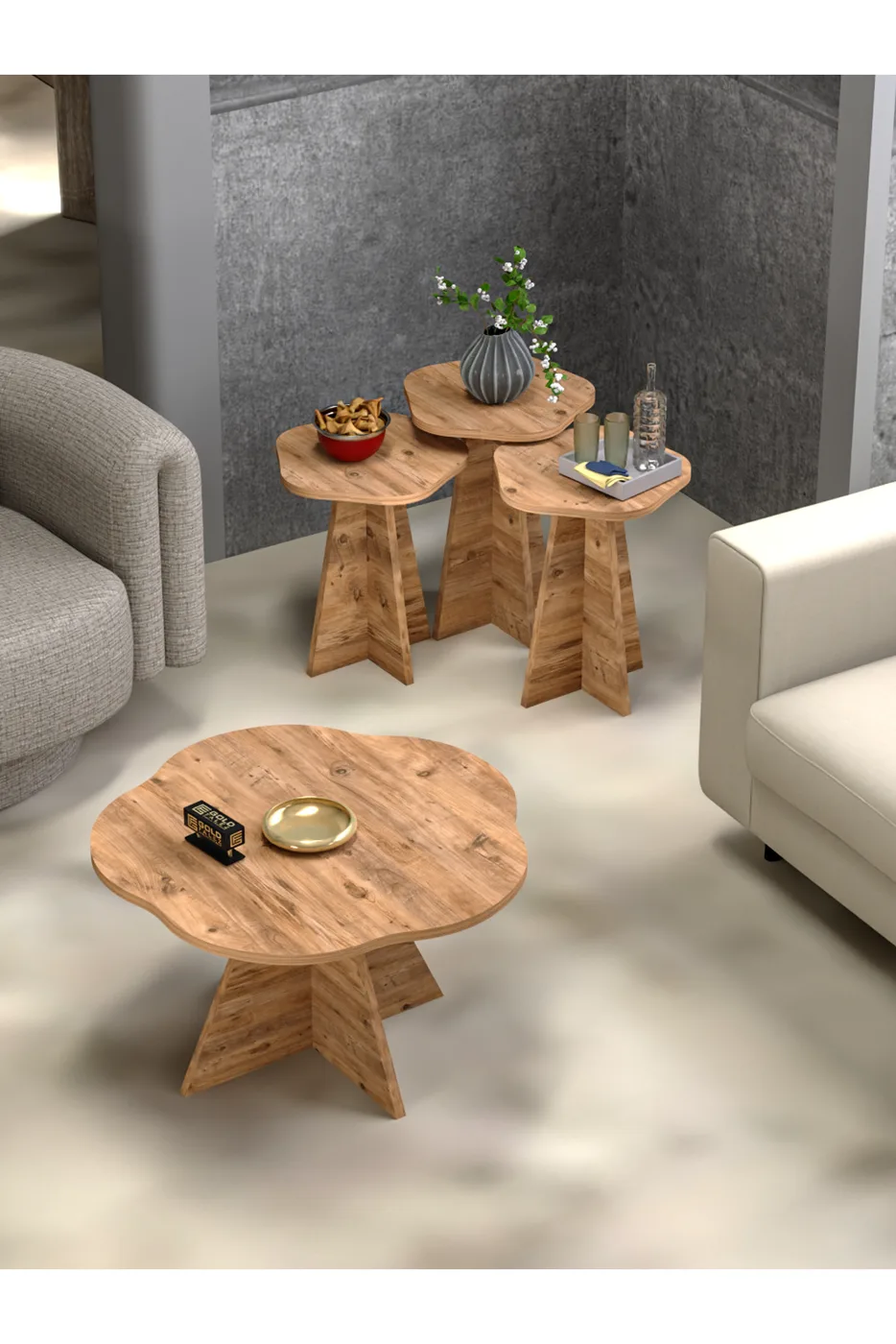 Flower Coffee Table and Nesting Table Set Melamine-faced Chipboard Brown