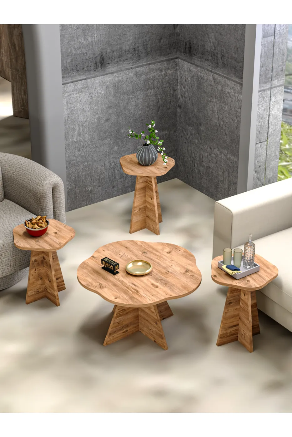 Flower Coffee Table and Nesting Table Set Melamine-faced Chipboard Brown