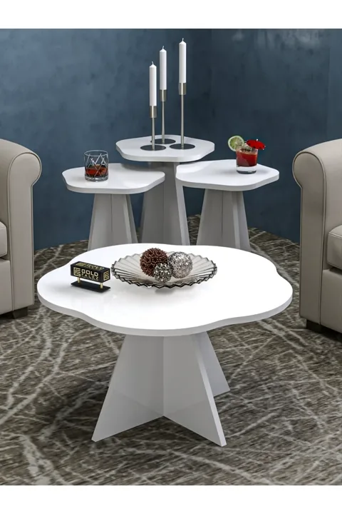 Flower Coffee Table and Nesting Table Set Melamine-faced Chipboard White