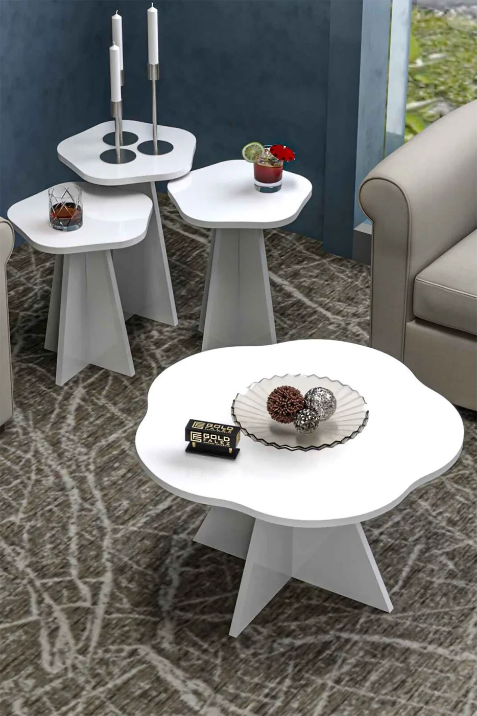 Flower Coffee Table and Nesting Table Set Melamine-faced Chipboard White