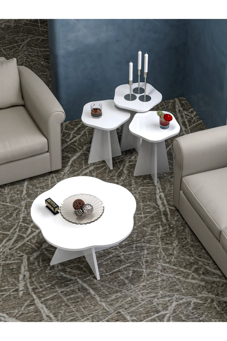 Flower Coffee Table and Nesting Table Set Melamine-faced Chipboard White