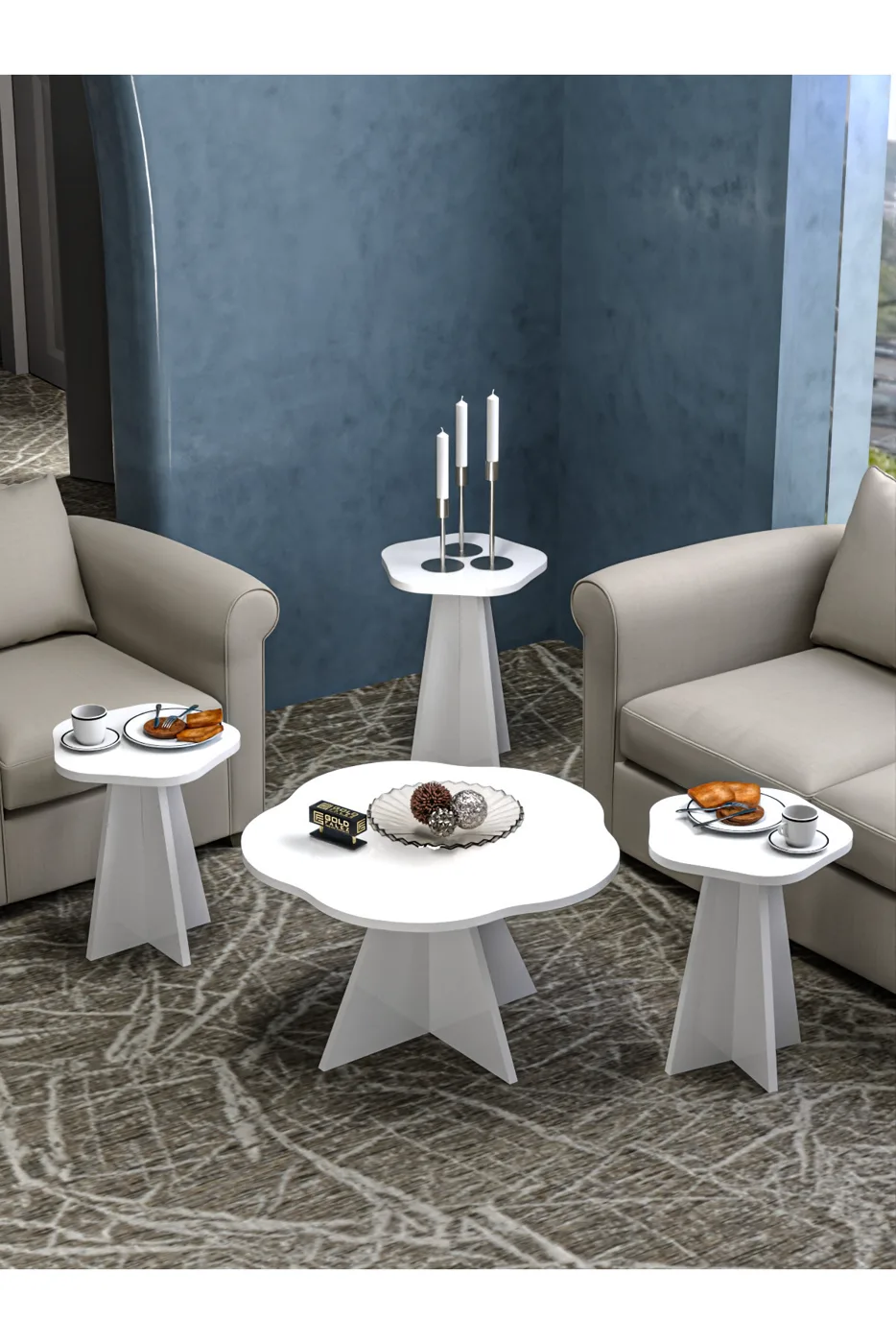 Flower Coffee Table and Nesting Table Set Melamine-faced Chipboard White