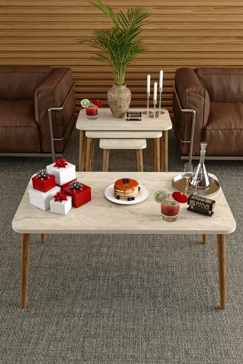 Turned Coffee Table and Nesting Table Set Melamine-faced Chipboard Beige