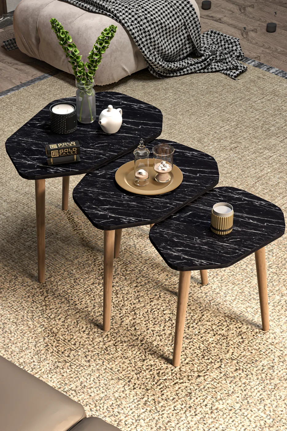 Trio 3-Piece Nesting Table Set Melamine-Faced Chipboard Black
