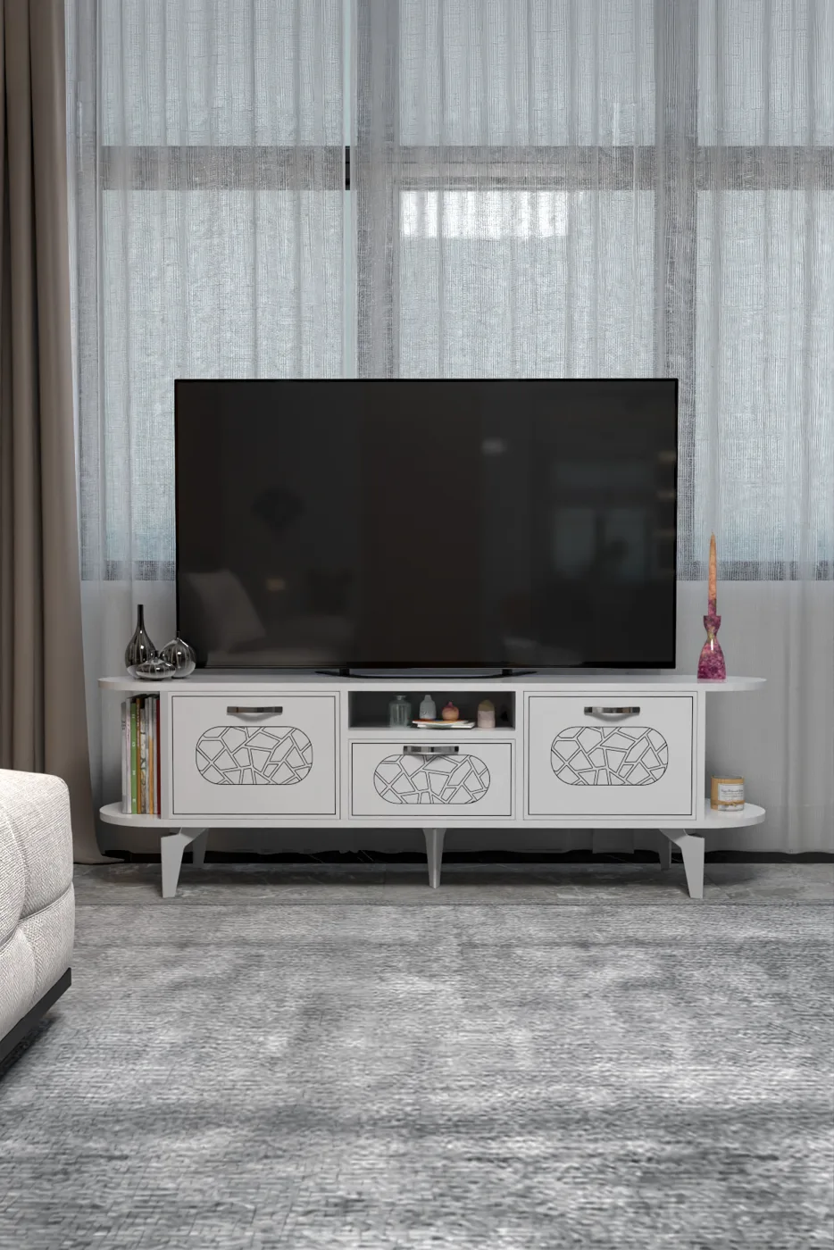 Mobile TV Mira Silver in truciolare nobilitato bianco