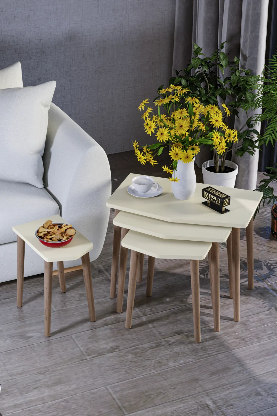 Elya ensemble de 4 tables gigognes en panneau de particules mélaminé beige