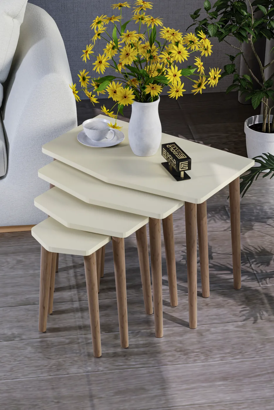 Elya ensemble de 4 tables gigognes en panneau de particules mélaminé beige