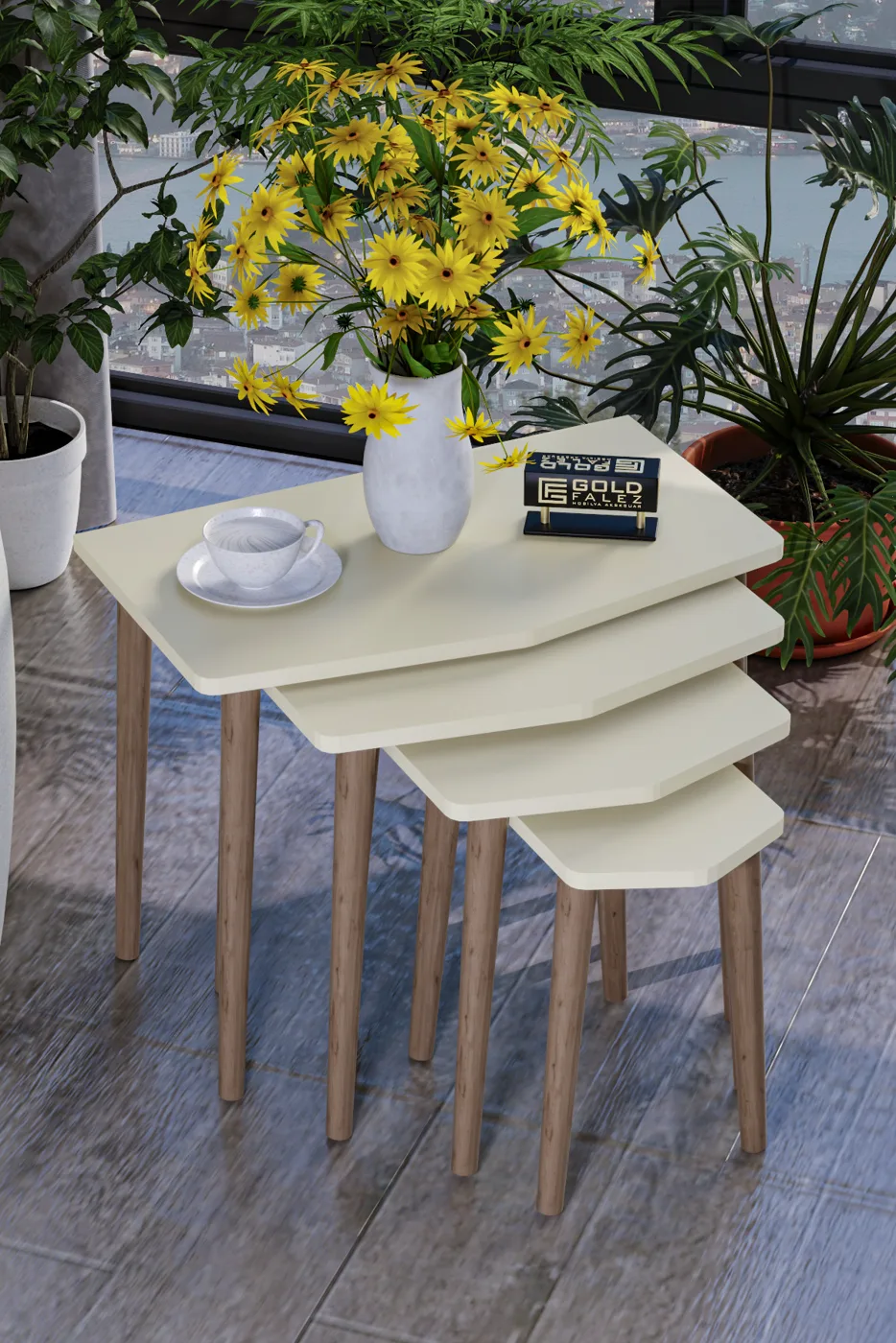 Elya ensemble de 4 tables gigognes en panneau de particules mélaminé beige