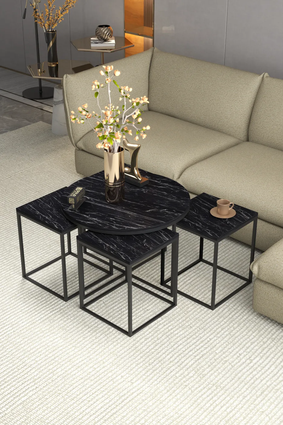 Ensemble 5 pièces table basse et tables gigognes en panneau de particules mélaminé noir