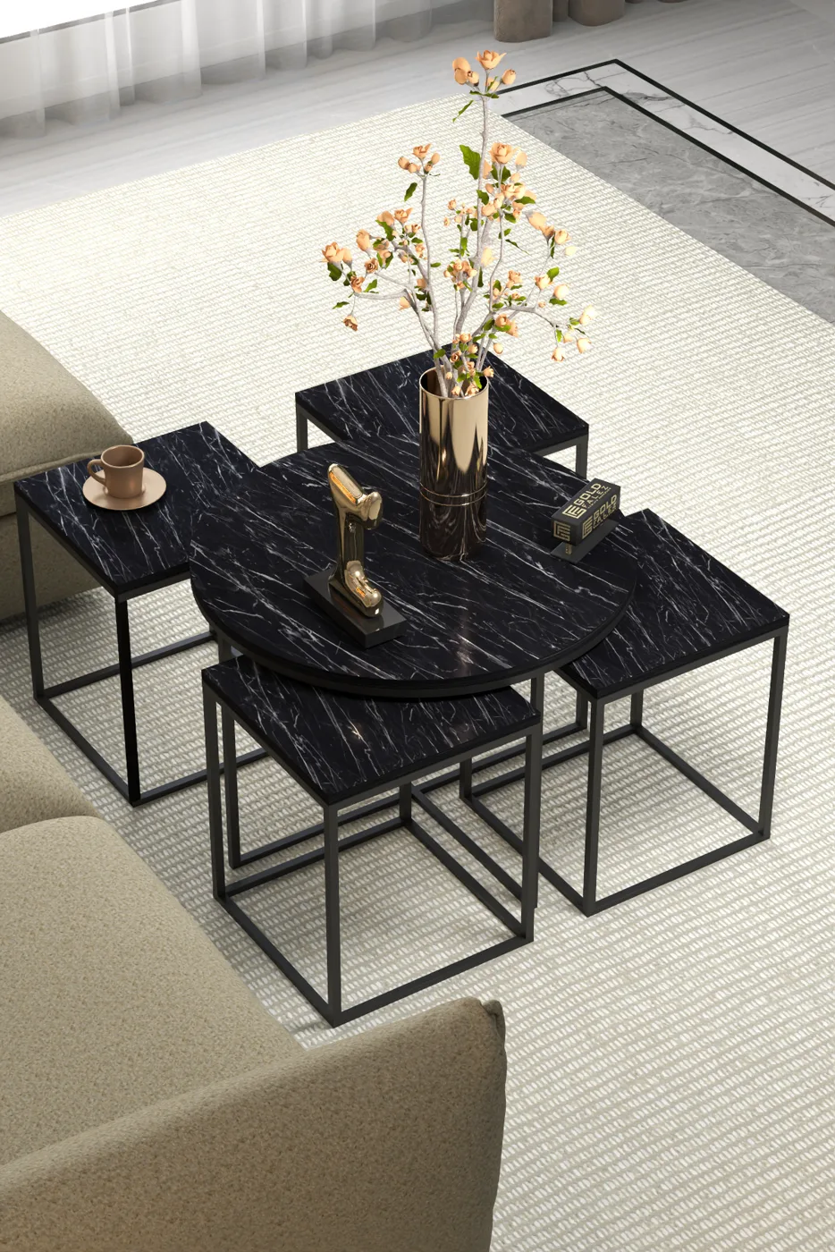 Ensemble 5 pièces table basse et tables gigognes en panneau de particules mélaminé noir