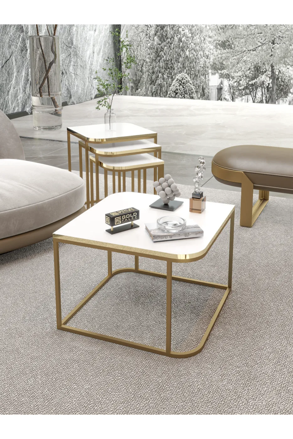 Damla ensemble table basse et tables gigognes en panneau de particules mélaminé blanc doré
