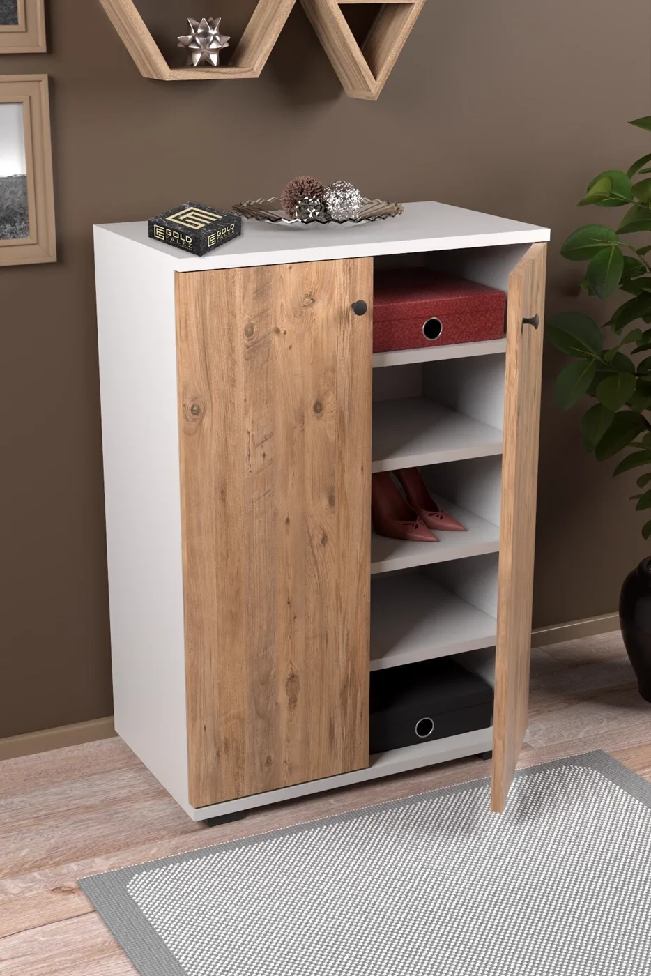 2-Door 5-Compartment Multi-Purpose Shoe Cabinet Pine White