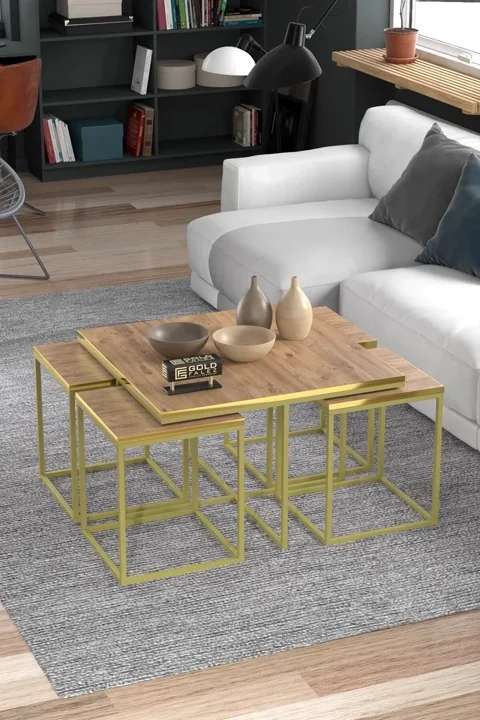 Gold Metal Frame 5-Piece Coffee Table Set Walnut