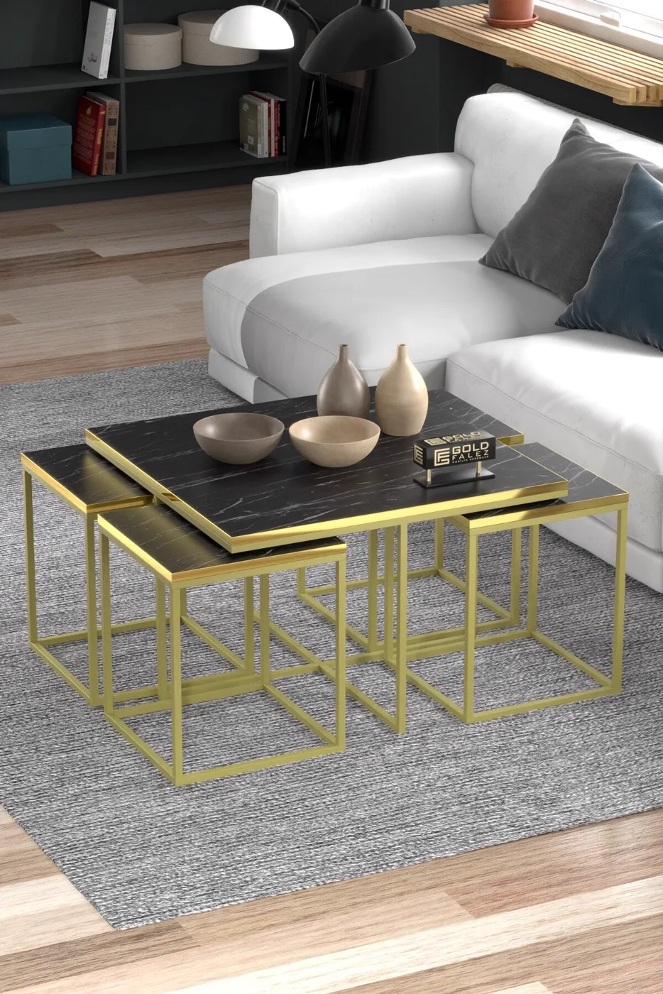 Gold Metal İskelet 5'li Orta Sehpa Seti Suntalam Bendir Siyah