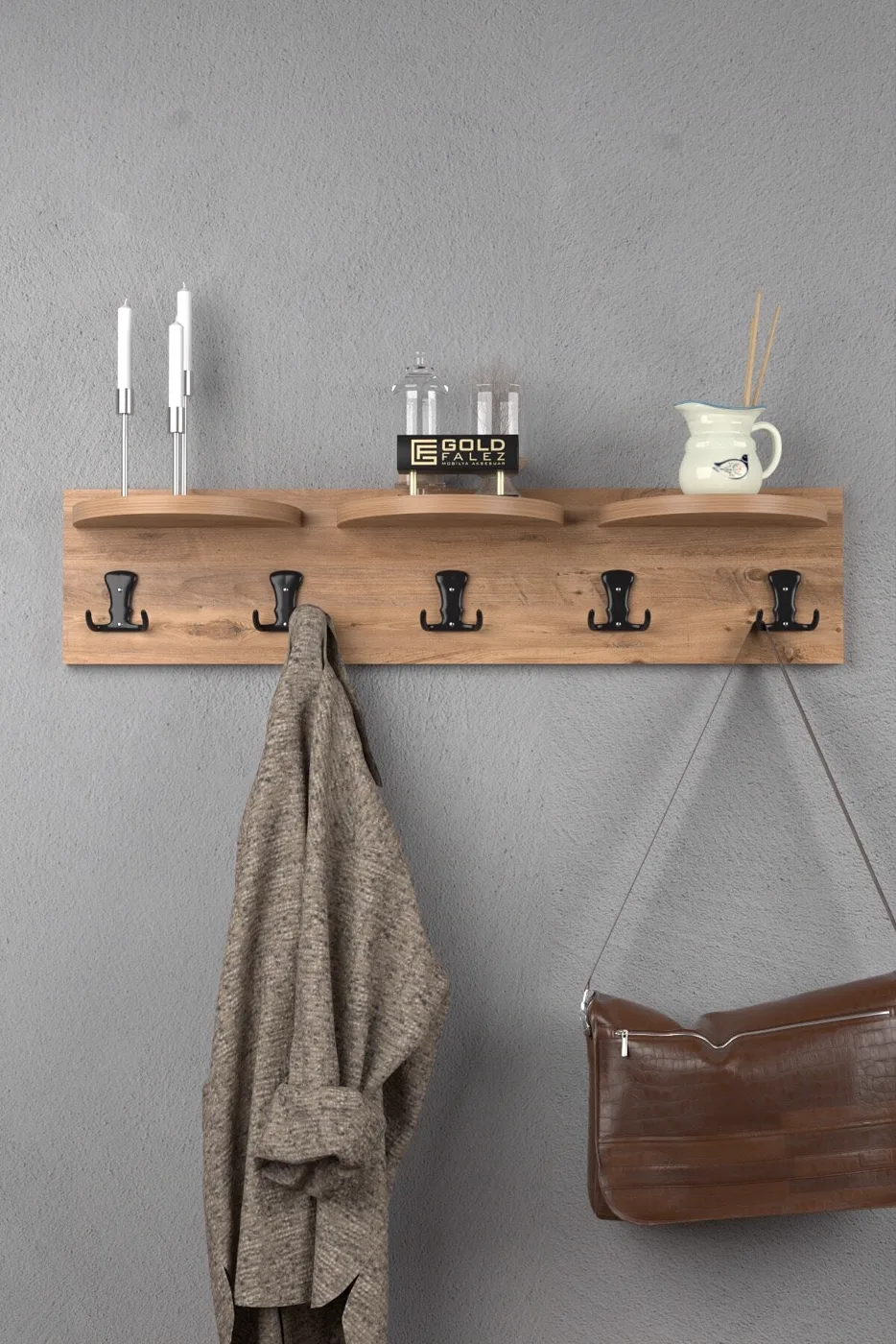 Ilkal 5-Piece Wall Hanger Coat Rack Melamine-faced Chipboard Walnut