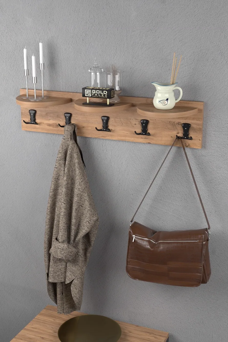 Ilkal 5-Piece Wall Hanger Coat Rack Melamine-faced Chipboard Walnut
