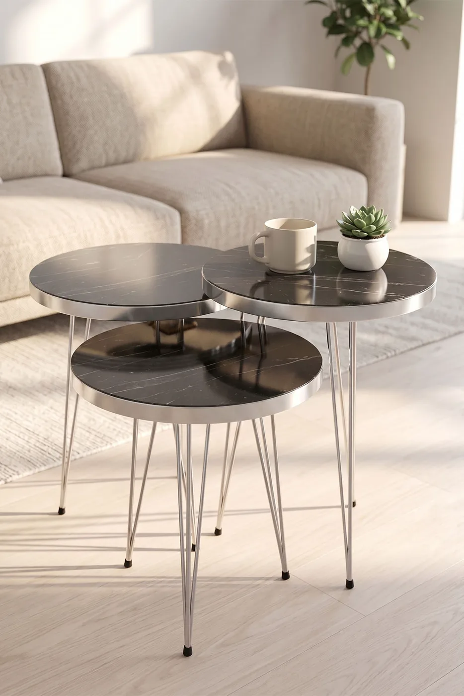 Silver Metal Wire Leg 3-Piece Nesting Table Set Melamine-faced chipboard Bendir Black