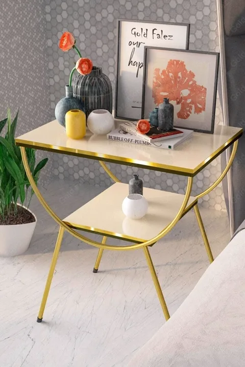 Gold Metal Leg Side Table Bedside Table Melamine-faced chipboard Cream Beige