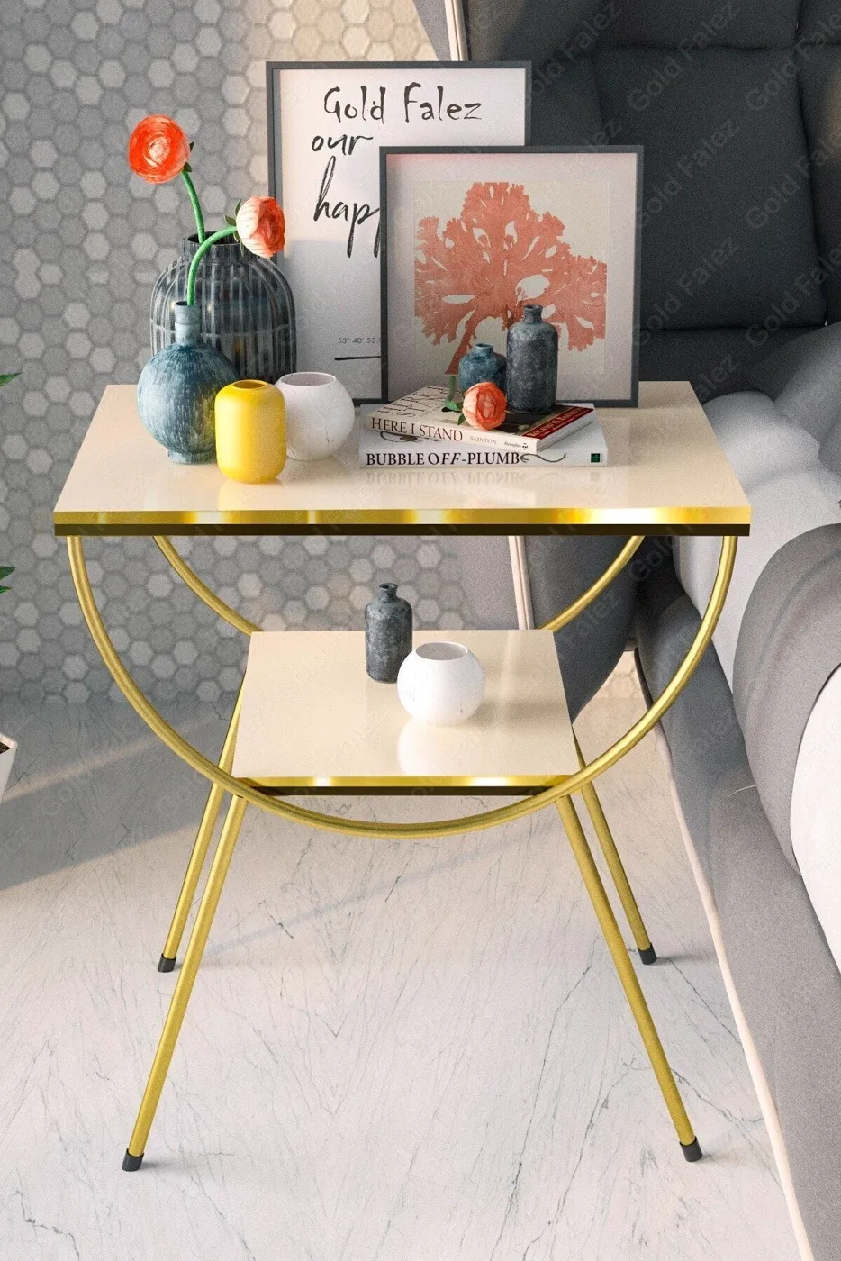 Gold Metal Leg Side Table Bedside Table Melamine-faced chipboard Cream Beige