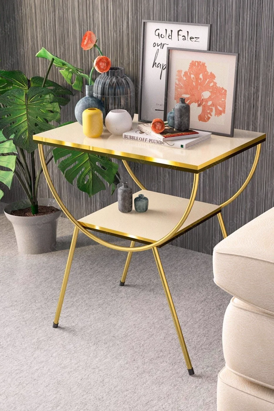 Gold Metal Leg Side Table Bedside Table Melamine-faced chipboard Cream Beige