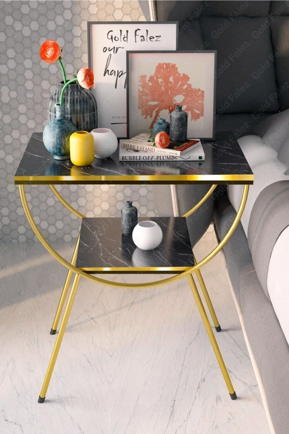 Gold Metal Leg Side Table Bedside Table Melamine-faced chipboard Bendir Black