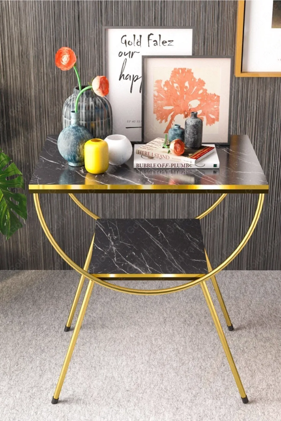 Gold Metal Leg Side Table Bedside Table Melamine-faced chipboard Bendir Black