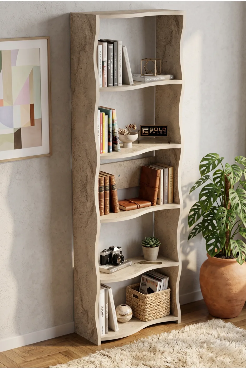 Esinti 5-Tier Modern Multi-purpose Decorative Shelf Unit Bookcase, Large Library Office Bookcase 7082 Travertine