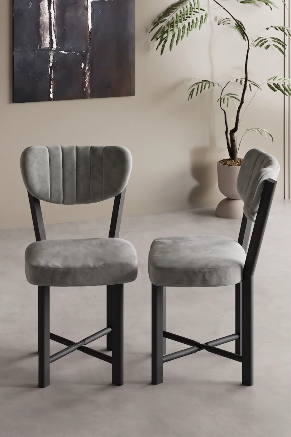 Chair 2 Pieces Baby Face Fabric Metal Legs Modern Kitchen Chair Cafe Balcony Office Elma 9810 Grey