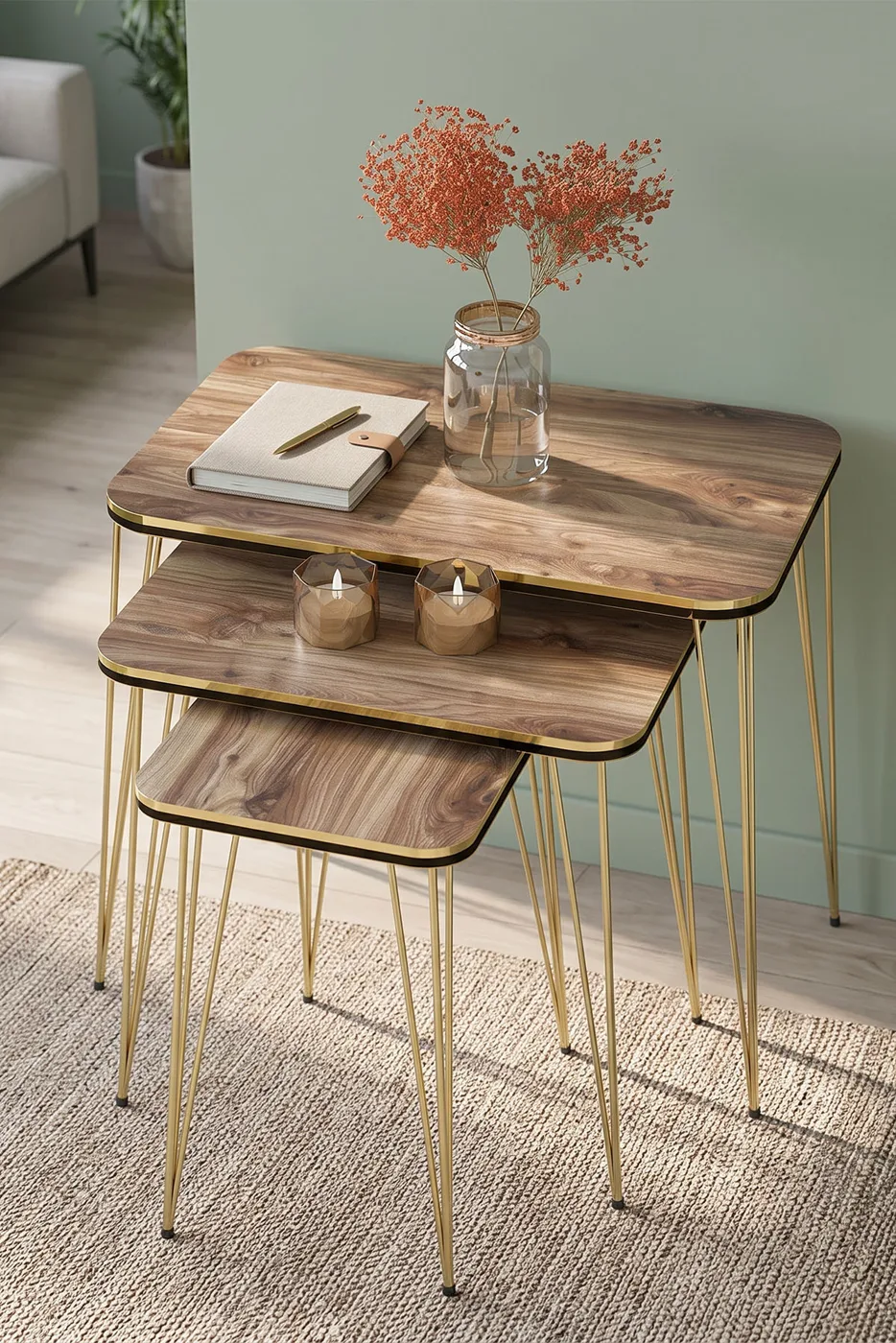 Nesting Table Square Pair Gold Walnut Wire