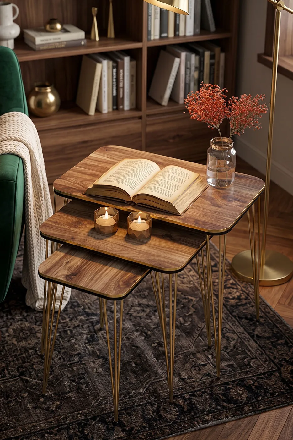 Nesting Table Square Pair Gold Walnut Wire