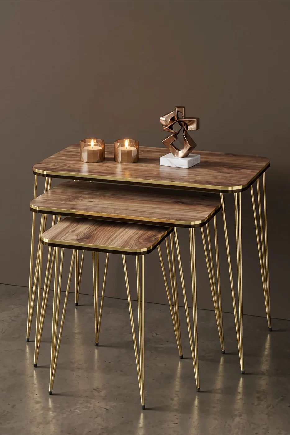 Nesting Table Square Pair Gold Walnut Wire