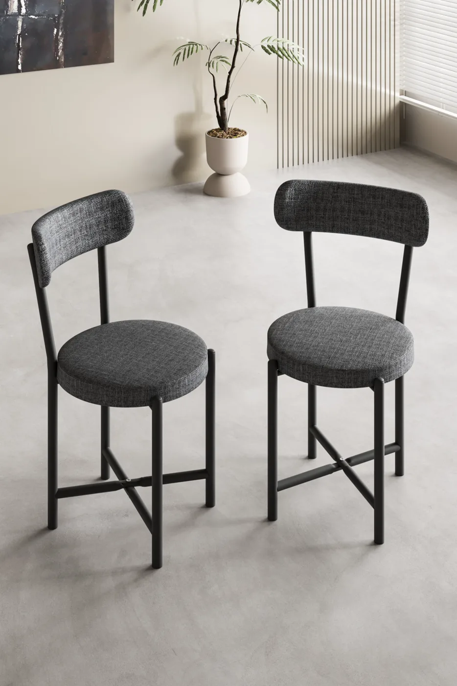 2-Piece Linen Fabric Metal Leg Modern Kitchen Chair for Cafe Balcony Office Teddy 9813 Anthracite