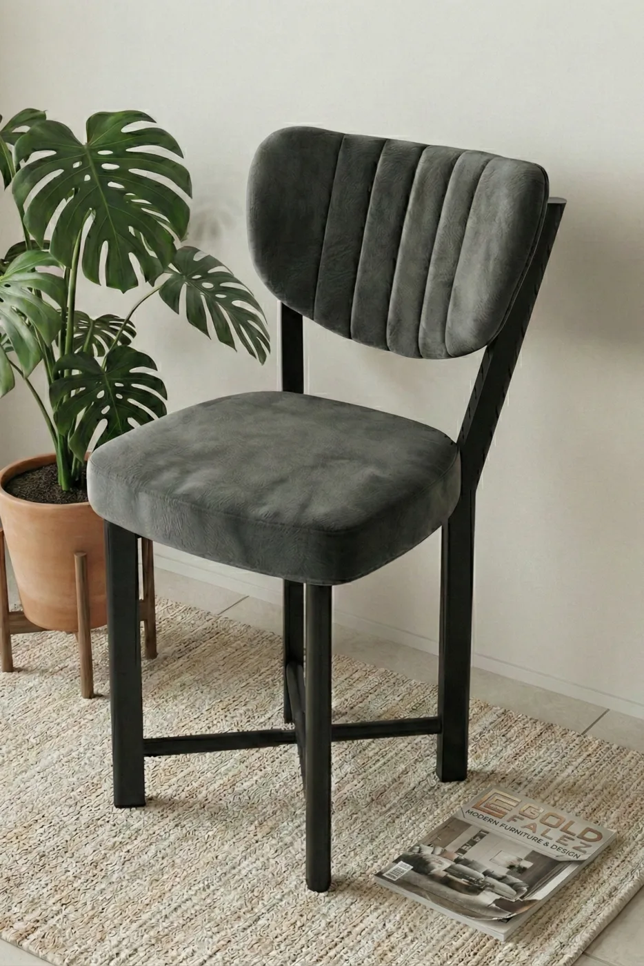 Single Baby Face Fabric Metal Modern Kitchen Chair for Cafe Balcony Office Elma 9815 Anthracite