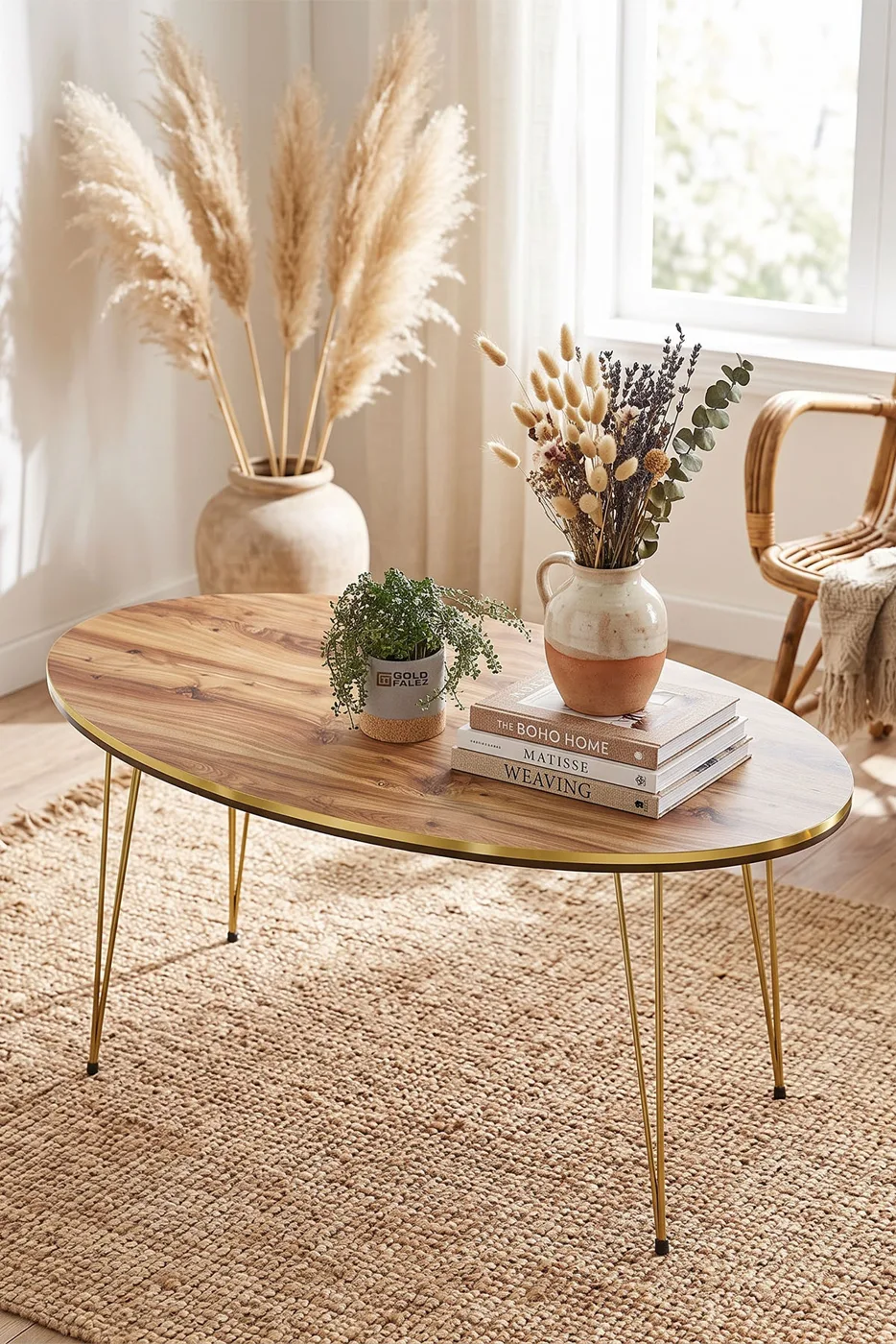 Oval Double Gold Walnut Wire Leg Coffee Table