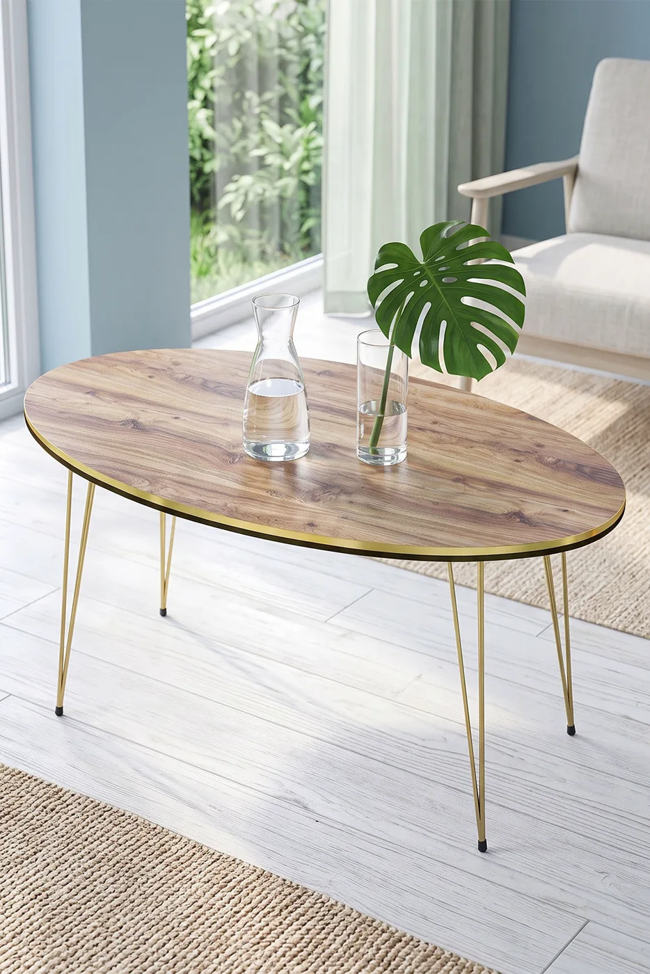 Oval Double Gold Walnut Wire Leg Coffee Table