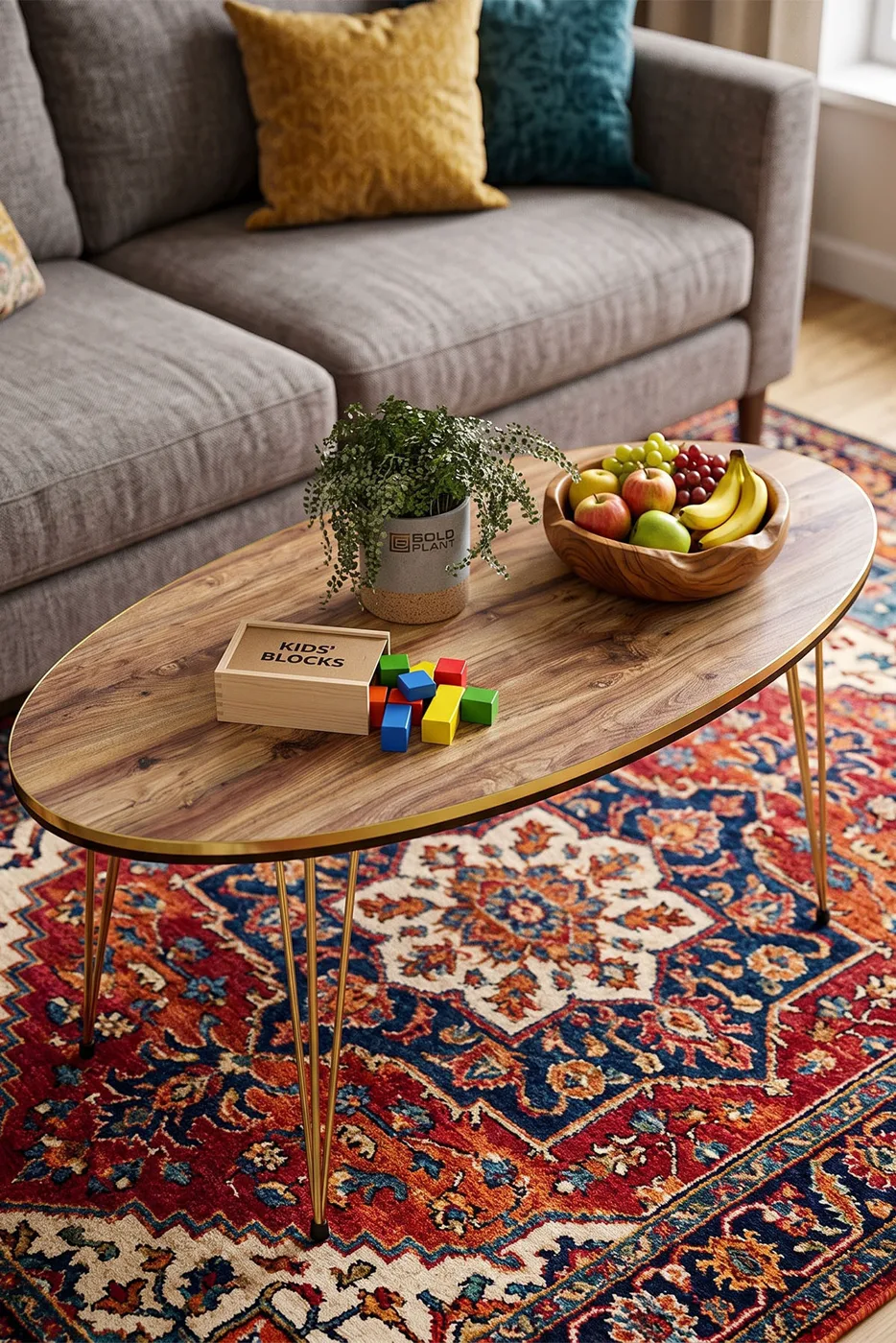 Oval Double Gold Walnut Wire Leg Coffee Table