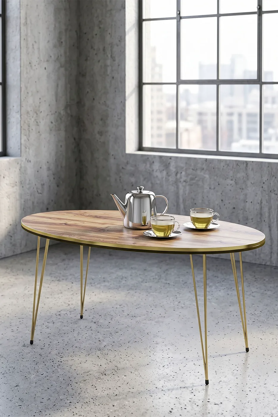 Oval Double Gold Walnut Wire Leg Coffee Table