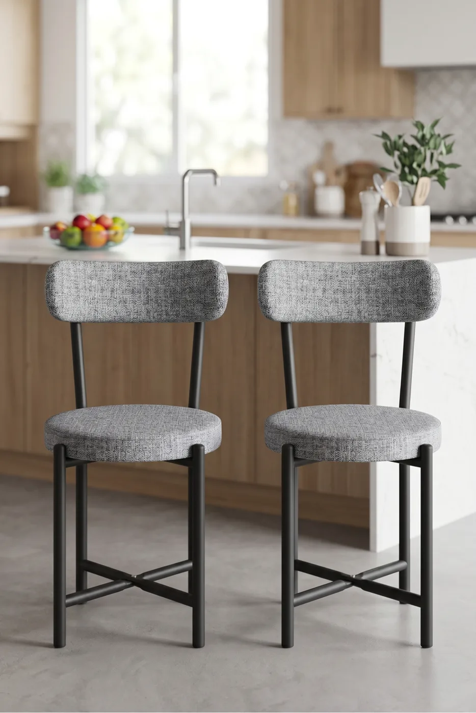 2-Piece Linen Fabric Metal Leg Modern Kitchen Chair for Cafe Balcony Office Teddy 9812 Grey