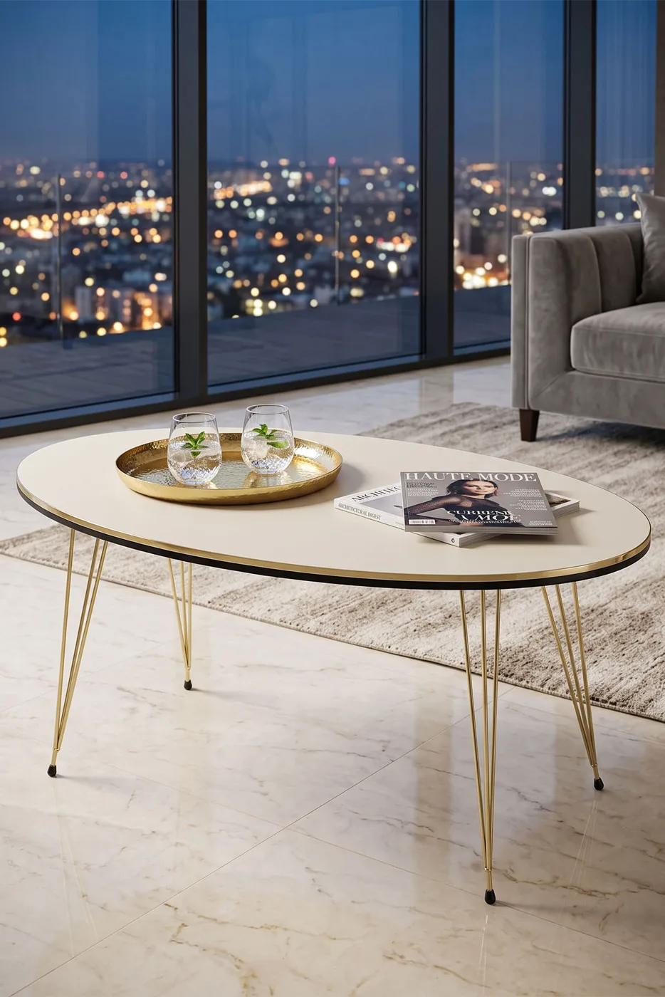 Coffee Table Ellipse Twin Gold Cream Wire Legs