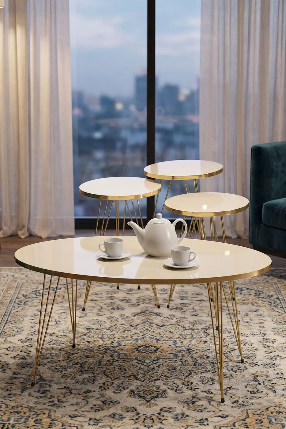 Nesting Table and Coffee Table Ellipse Set Gold Cream Wire