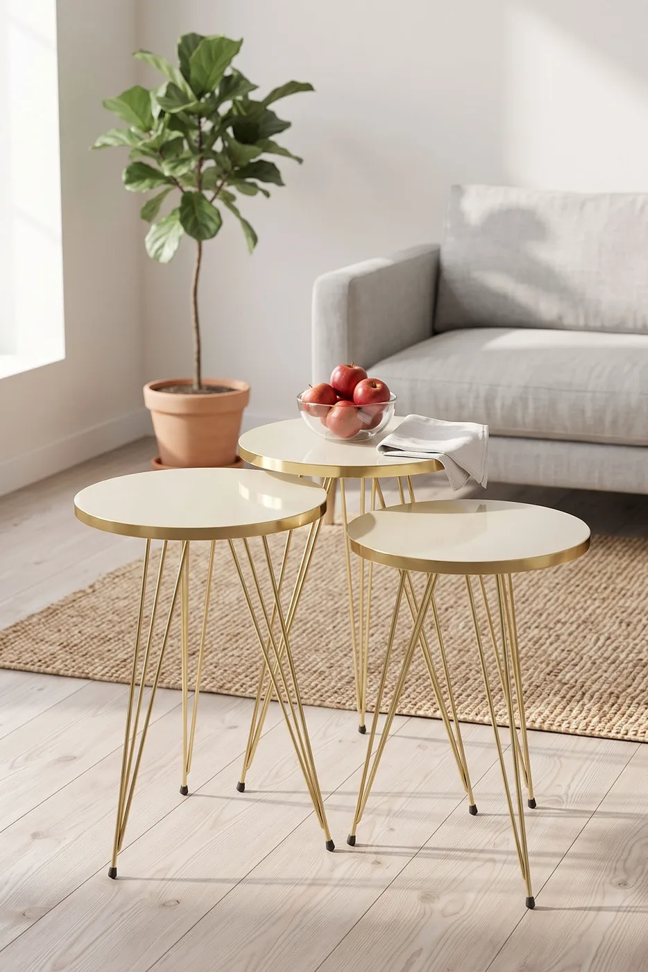 Nesting Table and Coffee Table Ellipse Set Gold Cream Wire